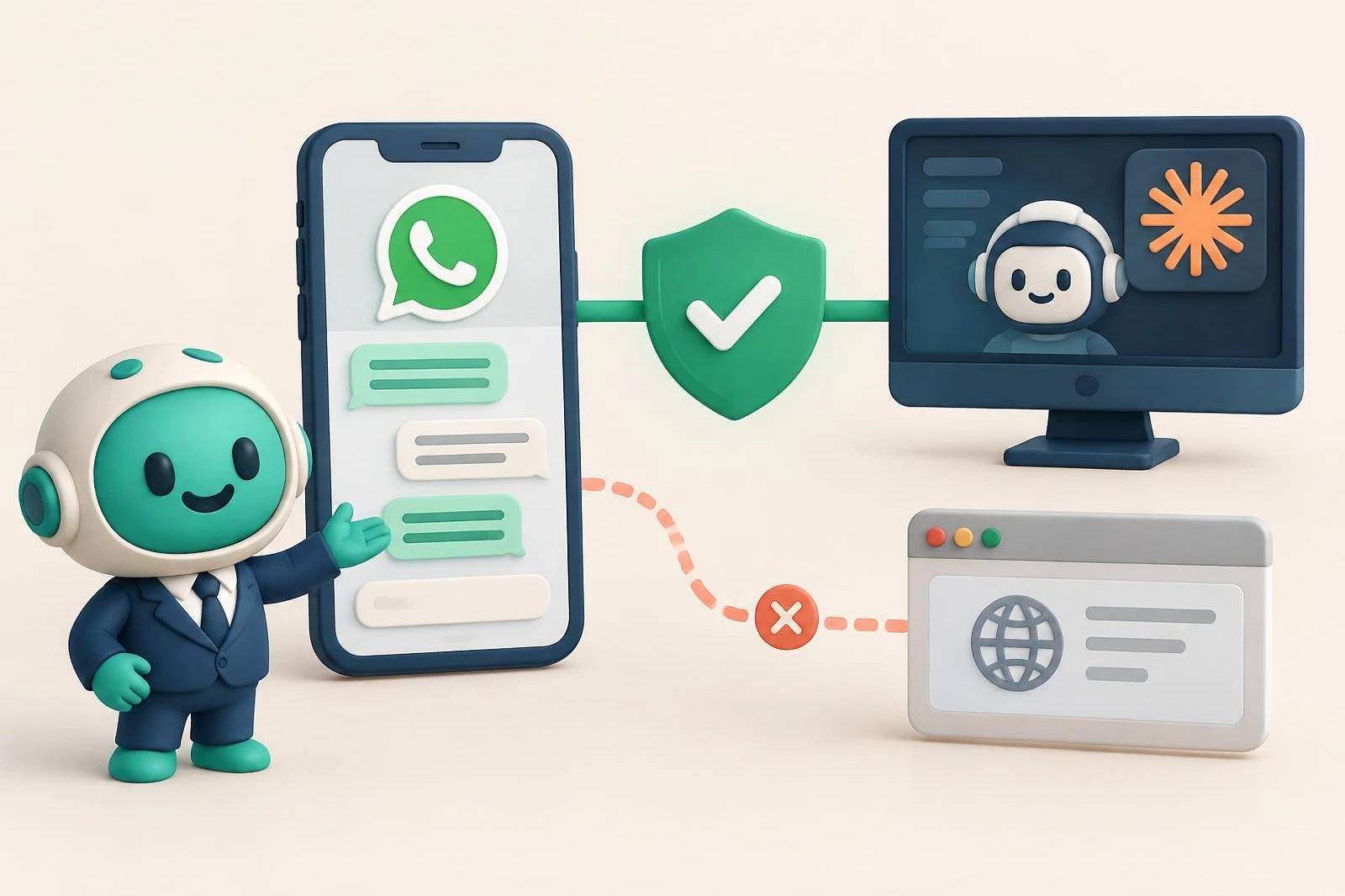 Illustration comparing a WhatsApp connection to Claude through Meta's official API versus a WhatsApp Web session